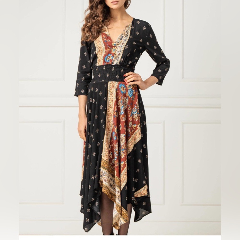 DESIGUAL Gelia Bohemian Handkerchief Patchwork Midi Dress Size L EU 44
